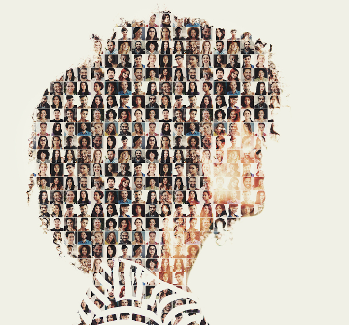 Ein Kopf aus kleinen Porträts: Unser Gehirn kann zu durchschnittlich 150 Menschen in Beziehung treten.